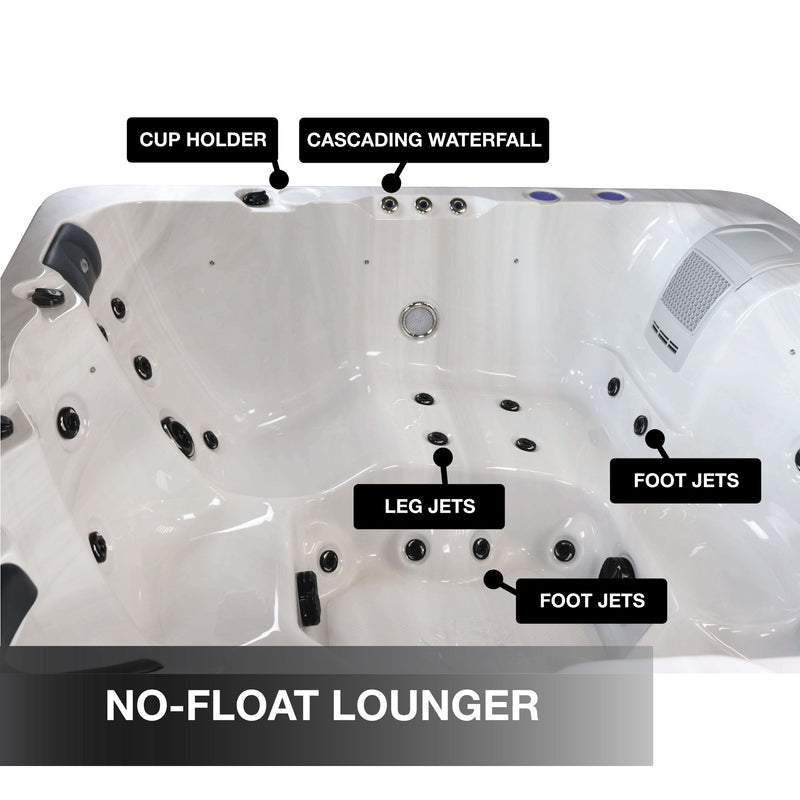 Hot tub with labeled features on a white background