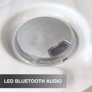 Close-up of a LED Bluetooth audio device with text overlay