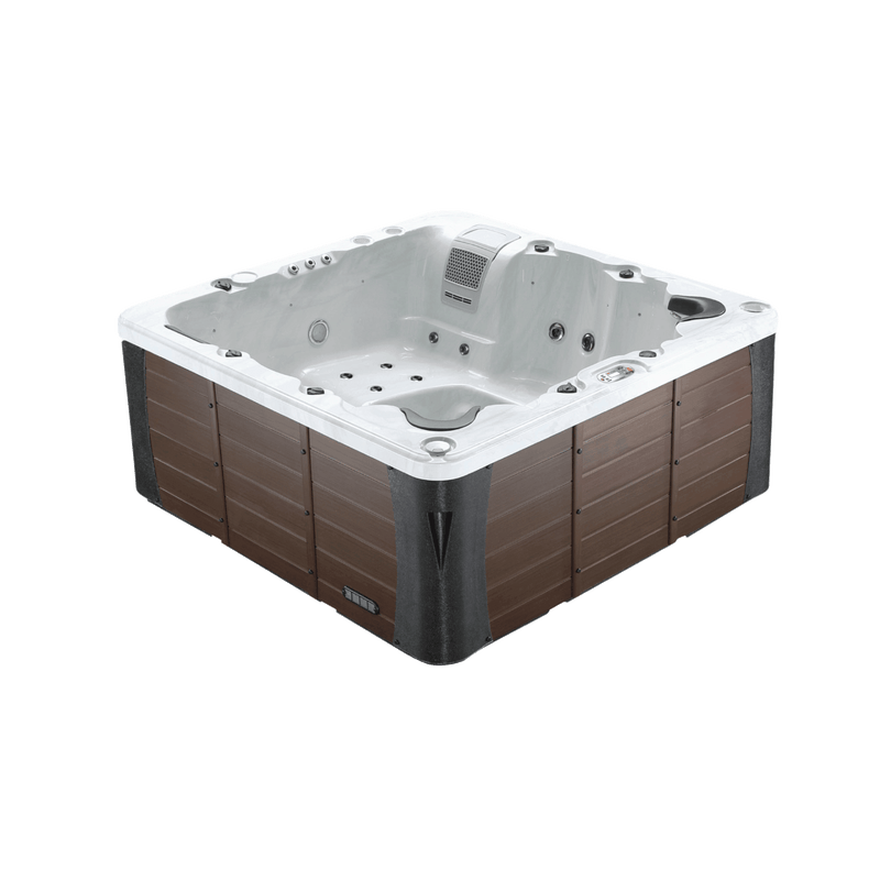 Hot tub with brown exterior and gray interior on a white background
