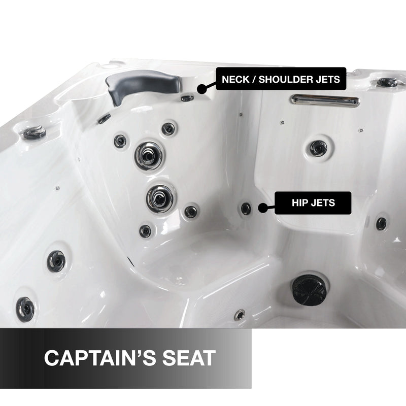 Hot tub with labeled jets including neck/shoulder, hip, and captain's seat.