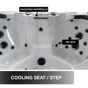 Hot tub with labeled features including cascading waterfalls, hip jets, and a cooling seat/step.