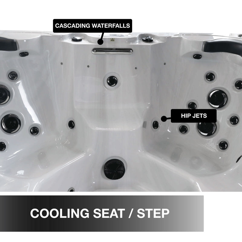 Hot tub with labeled features including cascading waterfalls, hip jets, and a cooling seat/step.