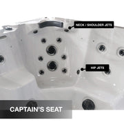 Hot tub interior with labeled jets and 'Captain's Seat' designation