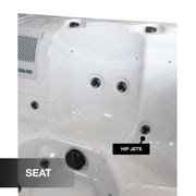 Hot tub interior with labeled hip jets and seat area.
