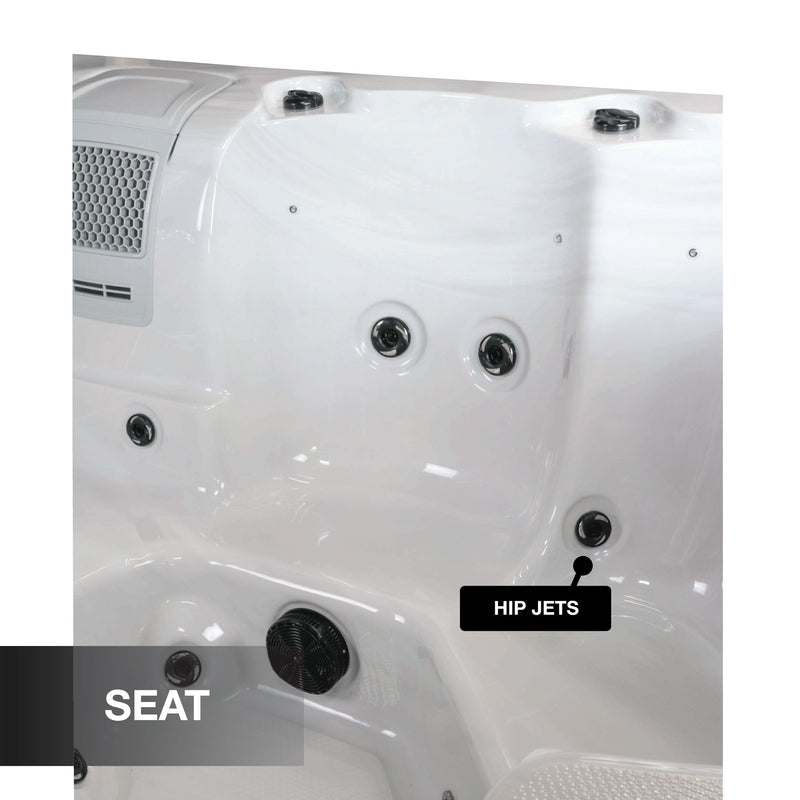 Hot tub interior with labeled hip jets and seat area.
