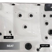Hot tub interior with labeled hip jets, seat, and foot jets.