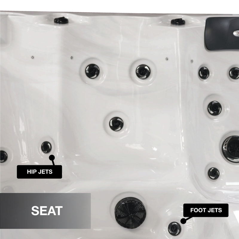 Hot tub interior with labeled hip jets, seat, and foot jets.
