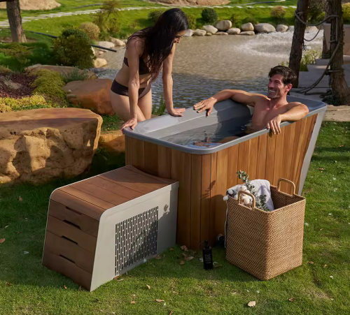 1-Person Cold Plunge Tub – Walnut Exterior, Acrylic Liner, Chiller Equipped
